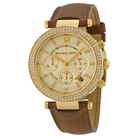 Michael Kors Chronograph Gold Dial Brown Leather Ladies 